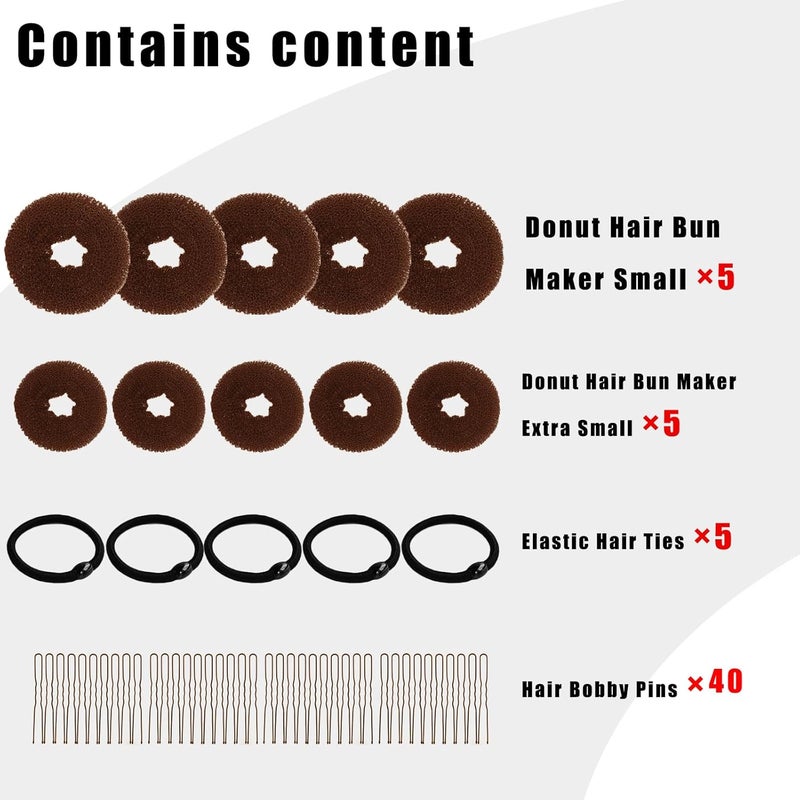 FORESRUM 10 Pcs Hair Bun Maker - Donut Bun Maker for Hair(5 medium and 5 small),Ballet Bun for Women and Kids with Elastic Hair Ties, Hair Pins(Light Brown) - Image 3